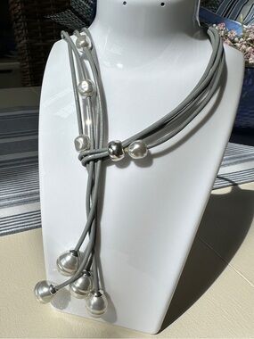 Multi-Strand Grey Cord Necklace with Pearlescent Beads